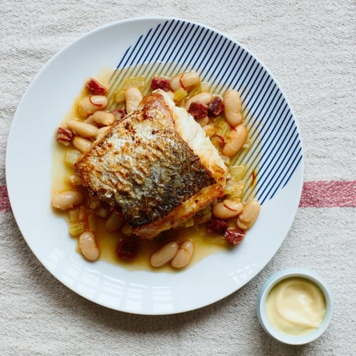 Pan-fried hake, white bean & chorizo broth